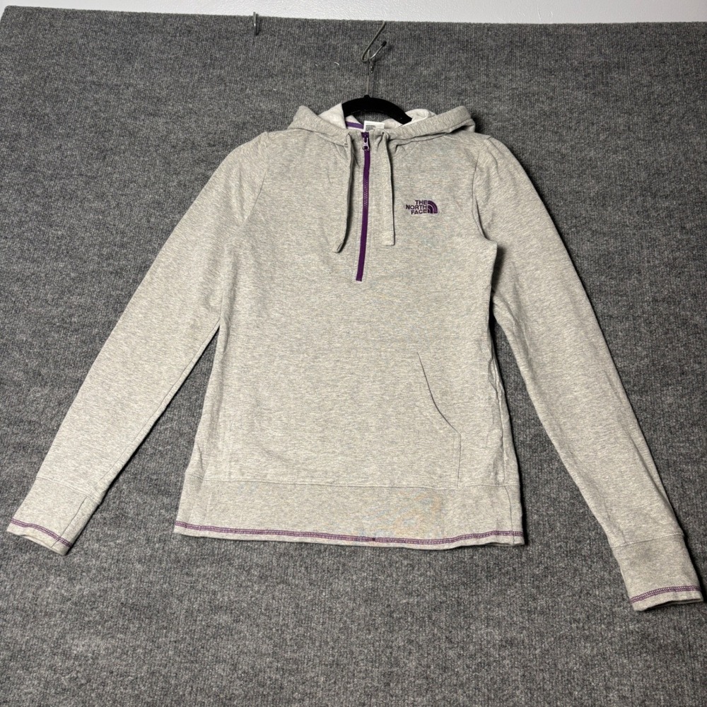 The North Face Women's Half Zip Hoodie Small Gray Purple Logo Cotton Fleece